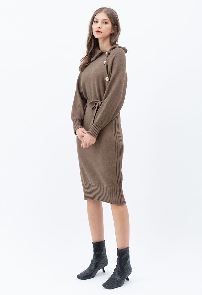 Buttoned Side Flap Collar Knit Midi Dress in Taupe