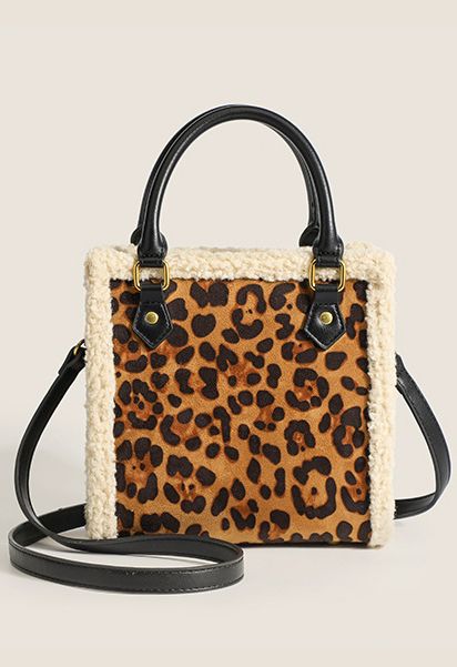 Contrast Lambswool Trim Shoulder Bag in Leopard