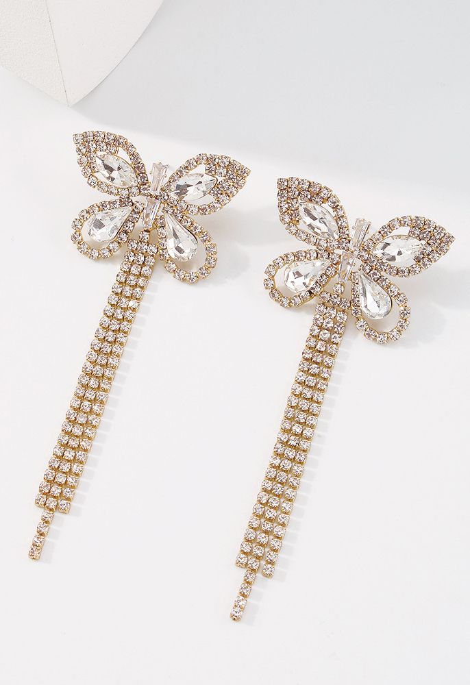 Full Diamond Butterfly Tassel Drop Earrings