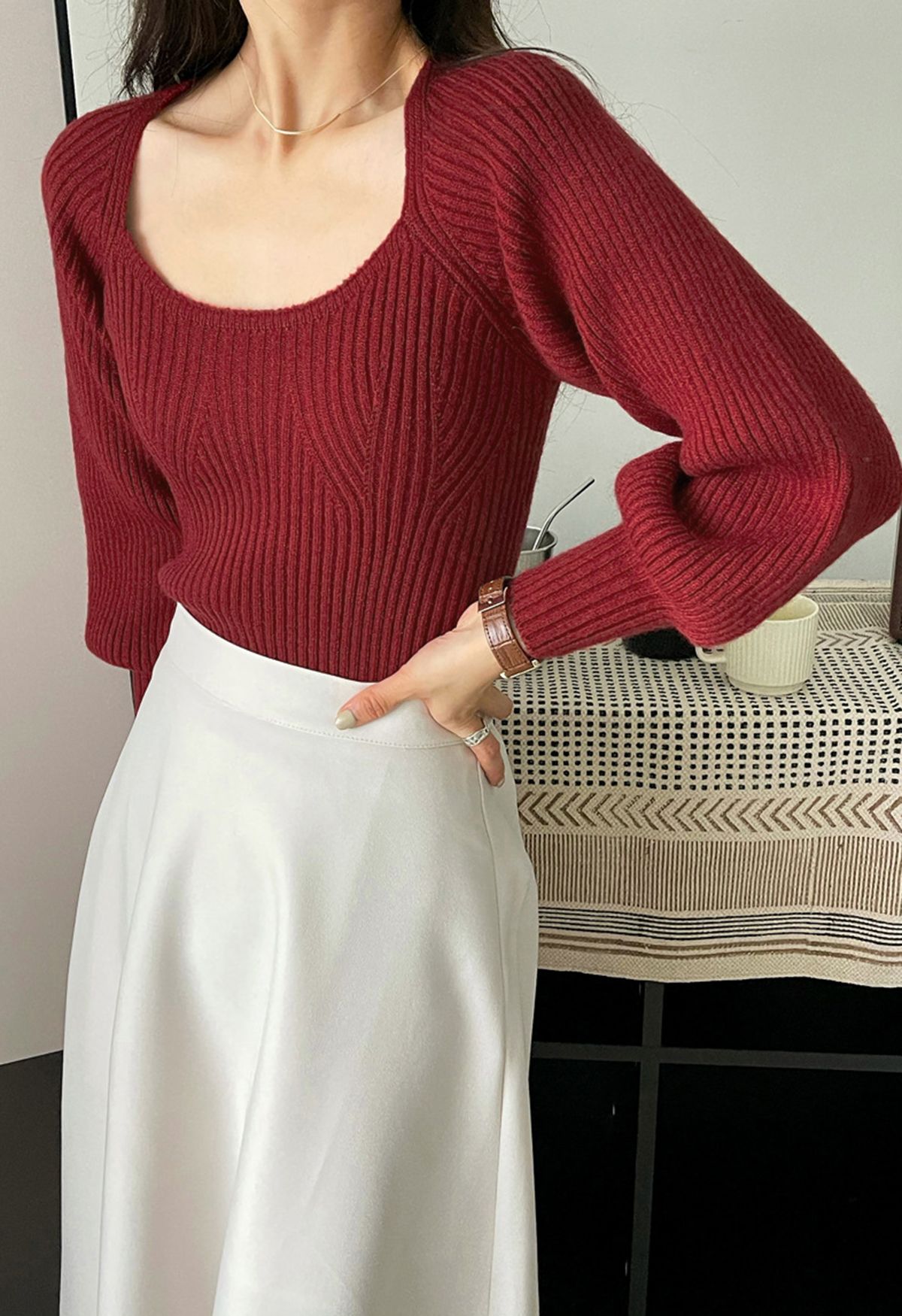 Wide Round Neck Rib Knit Top in Burgundy