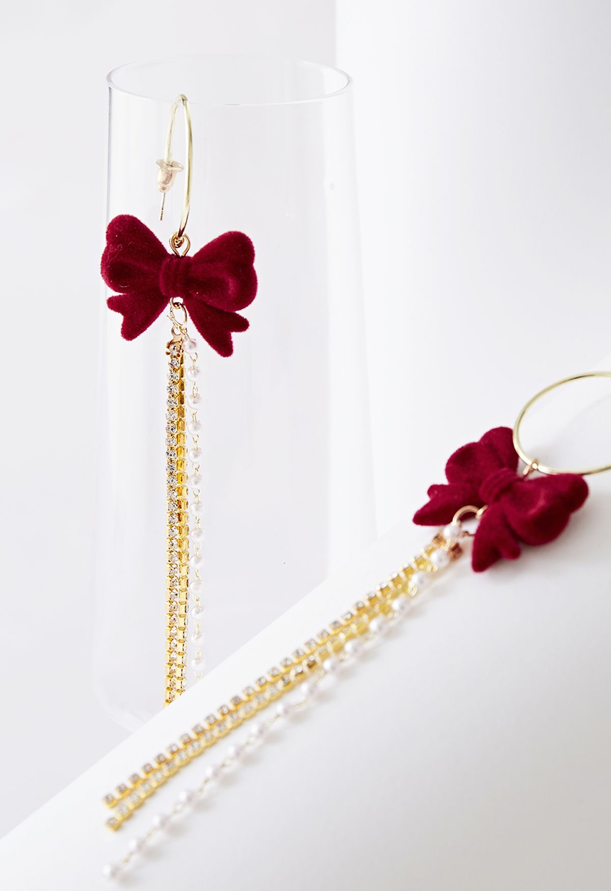 Velvet Bowknot Diamond Pearl Drop Earrings