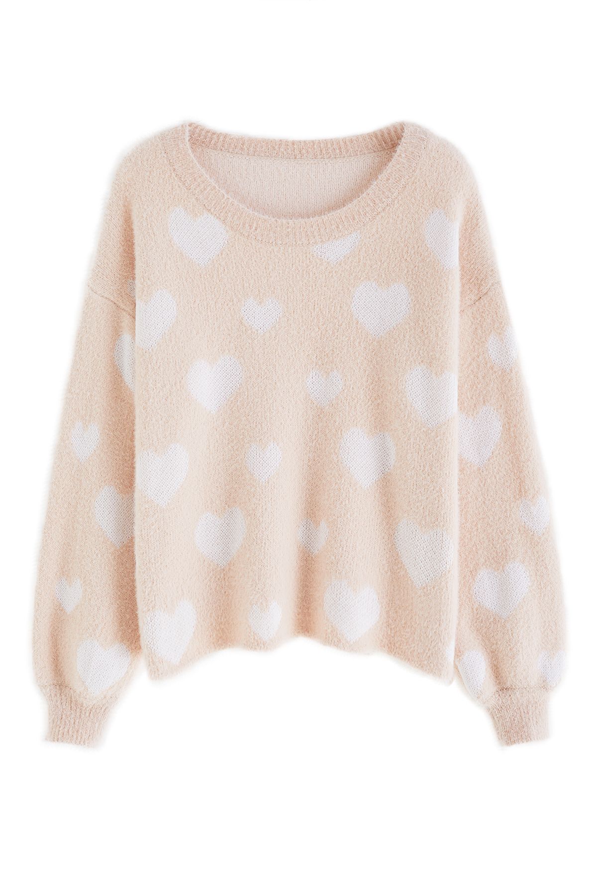 Fuzzy Contrast Heart Knit Sweater in Nude Pink