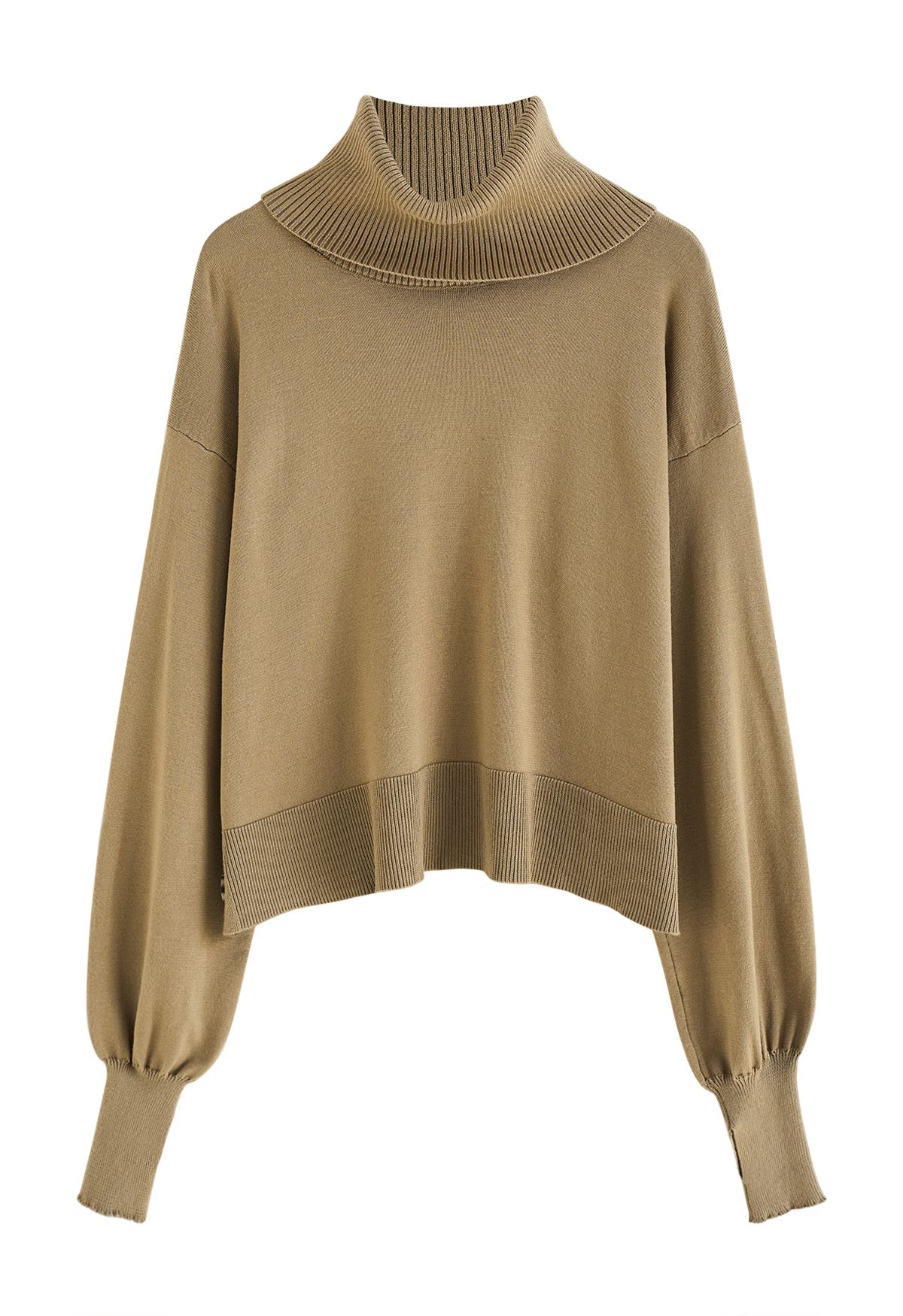 Turtleneck Side Buttons Slouchy Knit Top in Khaki