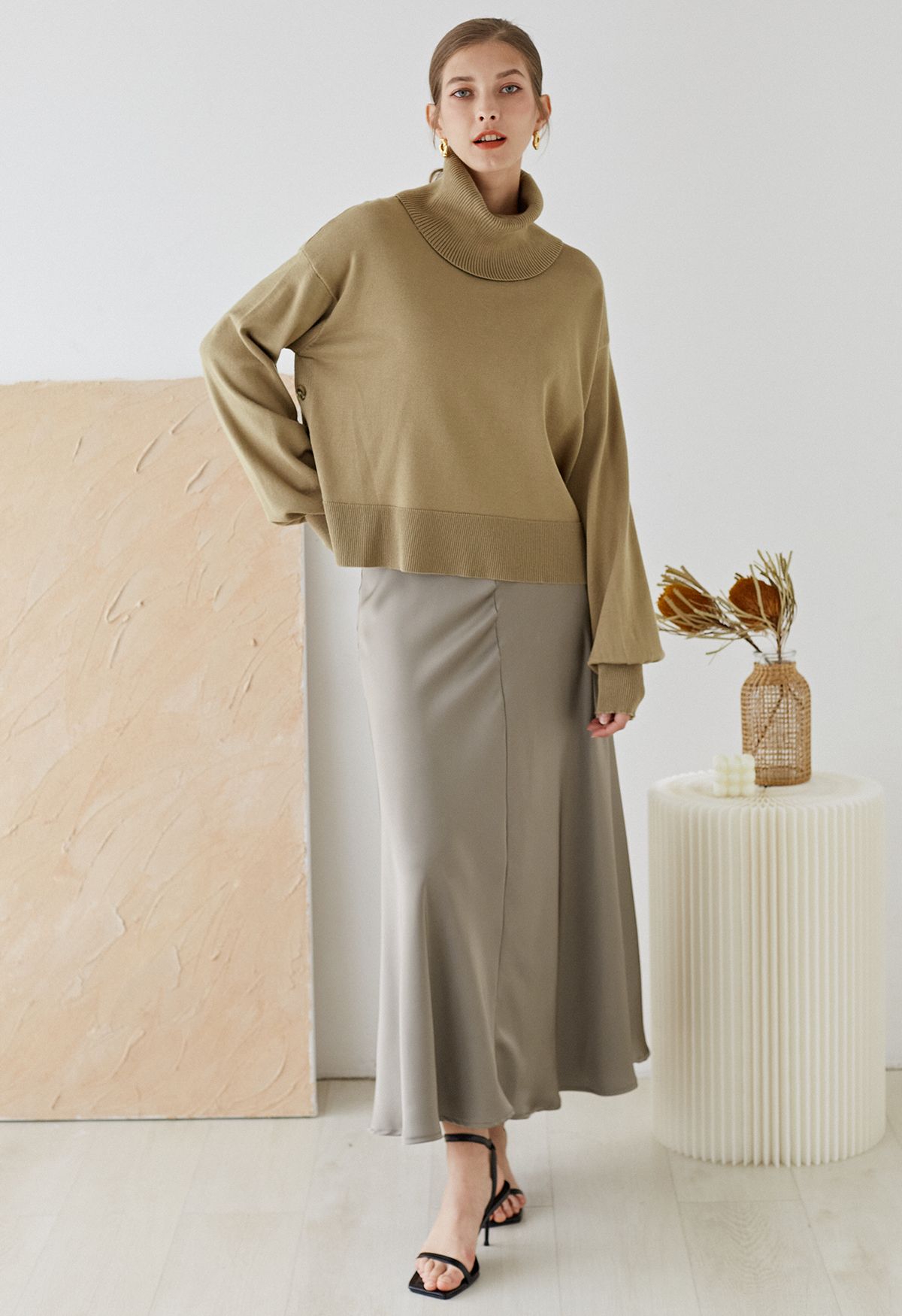 Turtleneck Side Buttons Slouchy Knit Top in Khaki