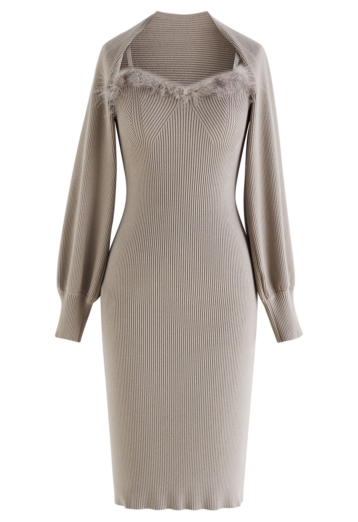 Feathered Ribbed Knit Twinset Dress in Taupe