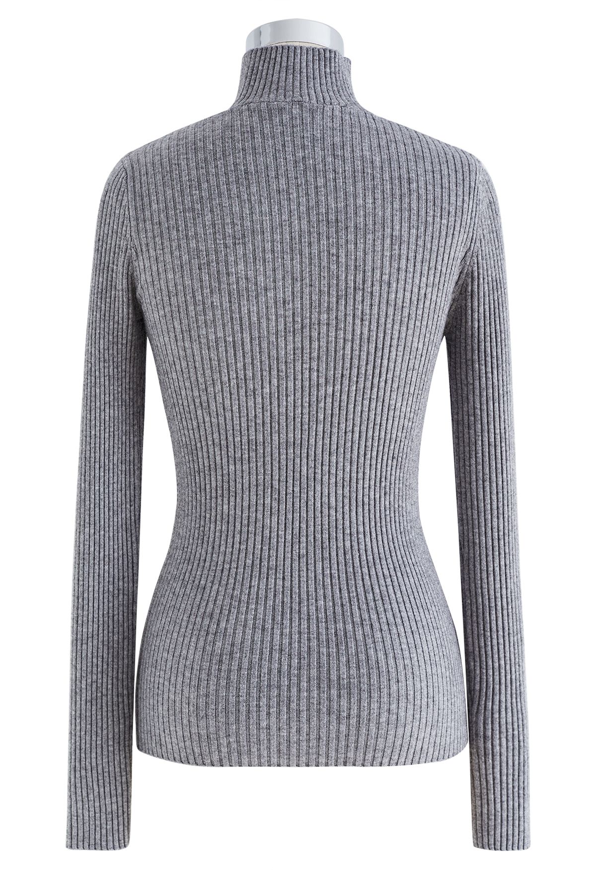 Cutout High Neck Rib Knit Top in Grey