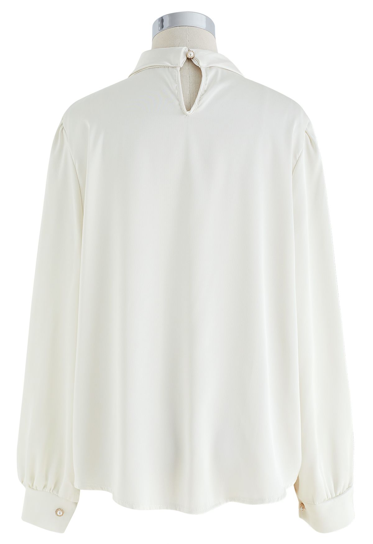 Rose Brooch Mock Neck Satin Shirt in White