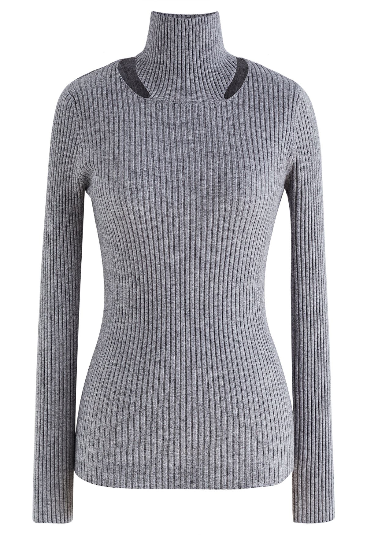 Cutout High Neck Rib Knit Top in Grey