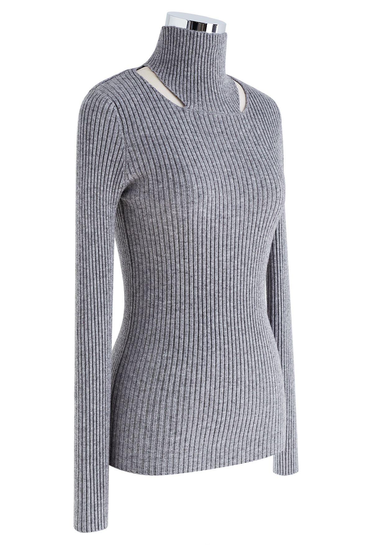 Cutout High Neck Rib Knit Top in Grey