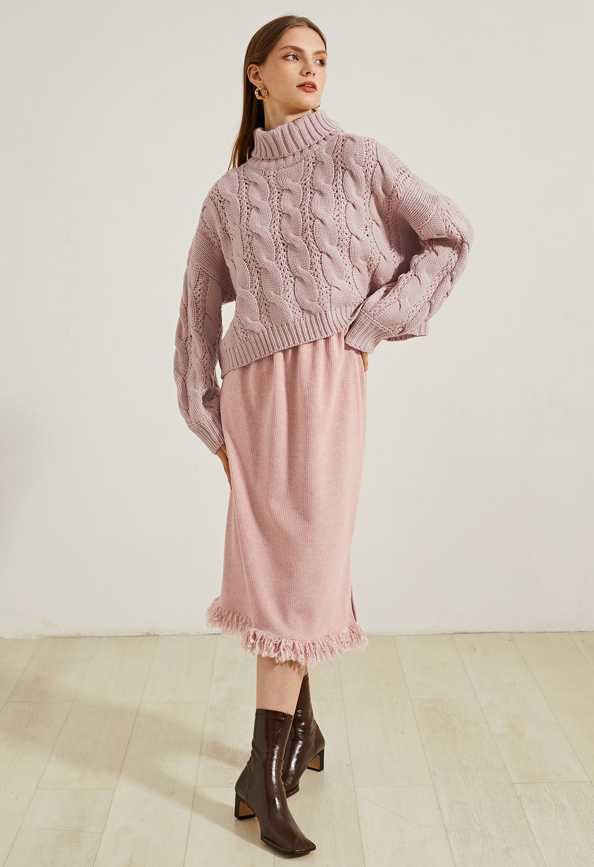 Turtleneck Braid Knit Crop Sweater in Pink