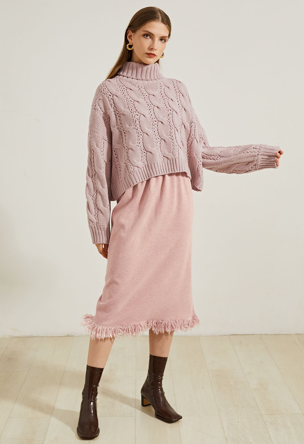 Turtleneck Braid Knit Crop Sweater in Pink