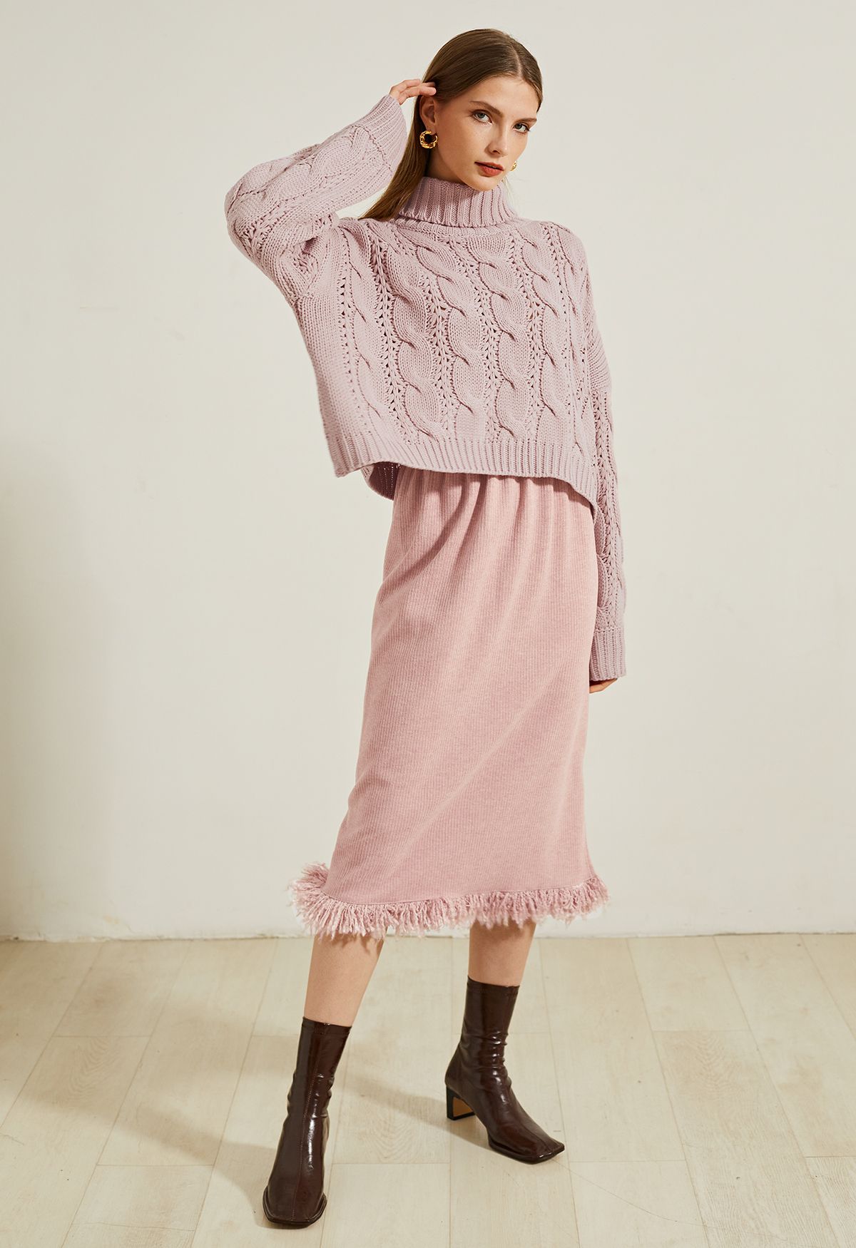 Turtleneck Braid Knit Crop Sweater in Pink