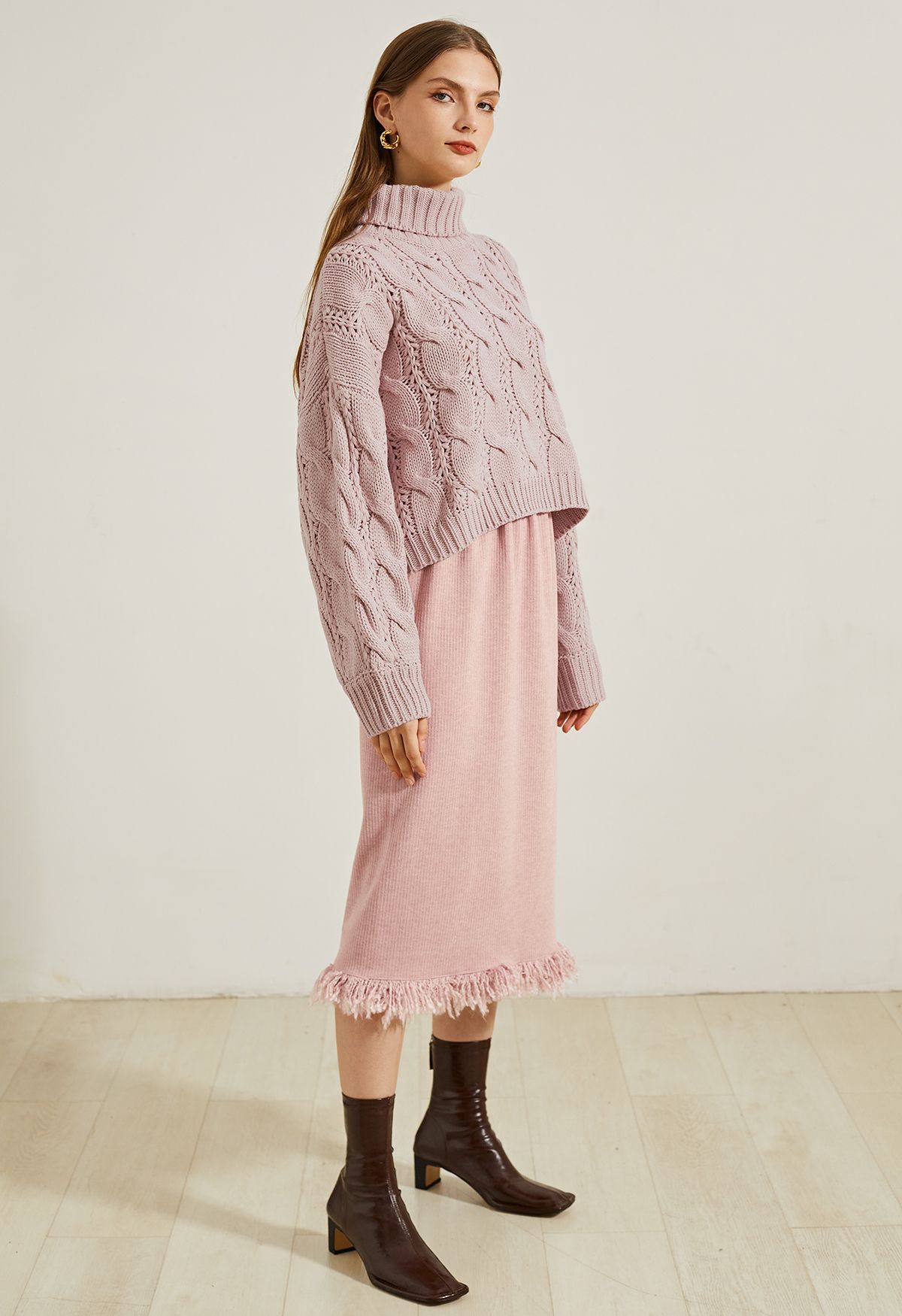 Turtleneck Braid Knit Crop Sweater in Pink