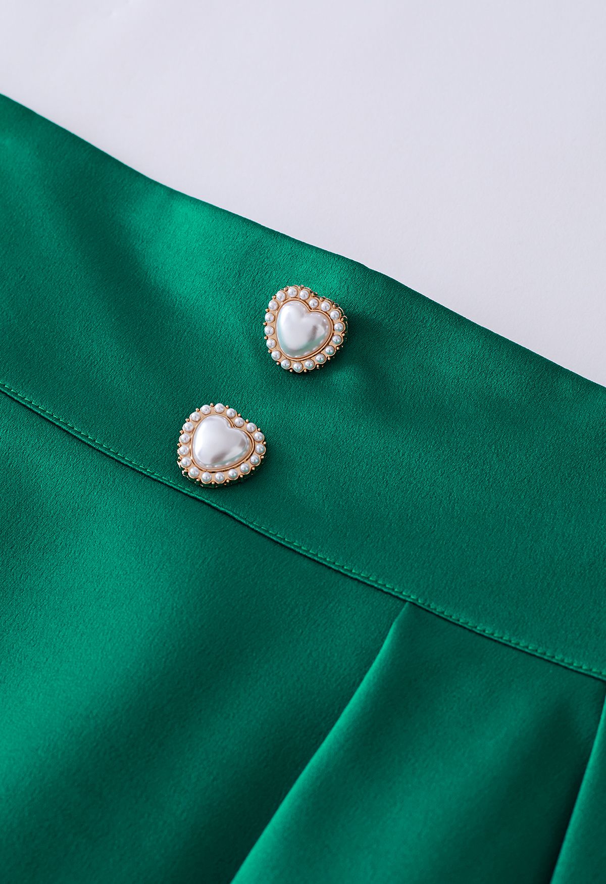 Pearl Heart Buttoned A-Line Midi Skirt in Emerald