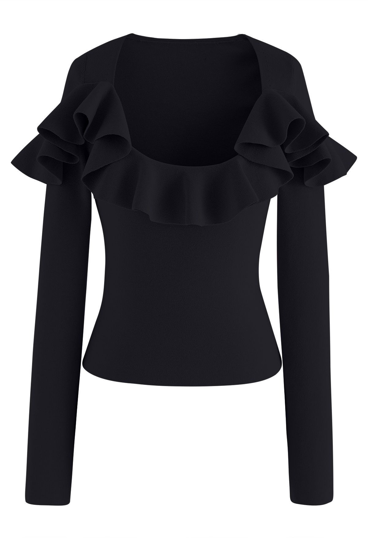 Sassy Wide Ruffled Neckline Knit Top in Black