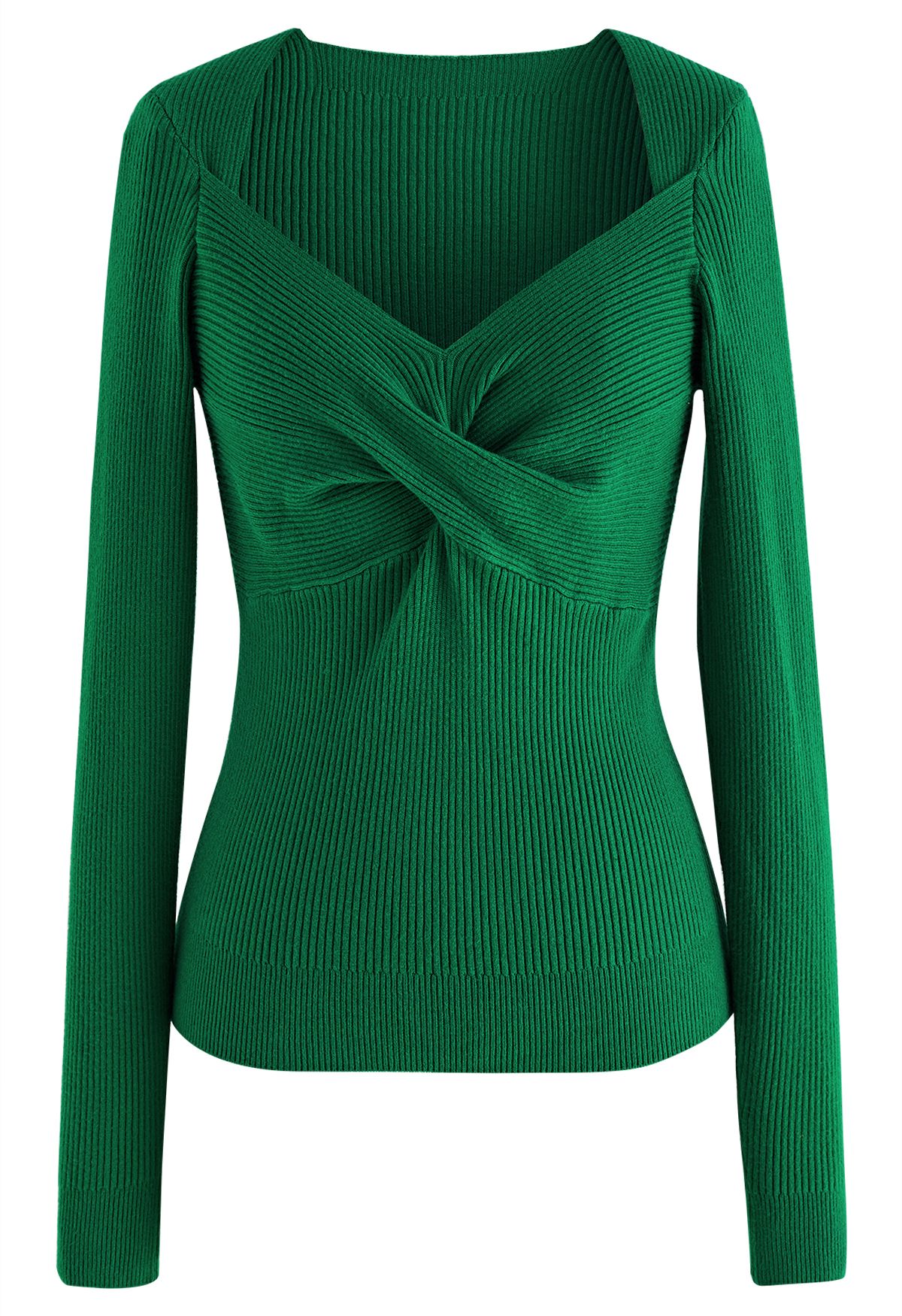 Sweetheart Twist Front Ribbed Knit Top in Green