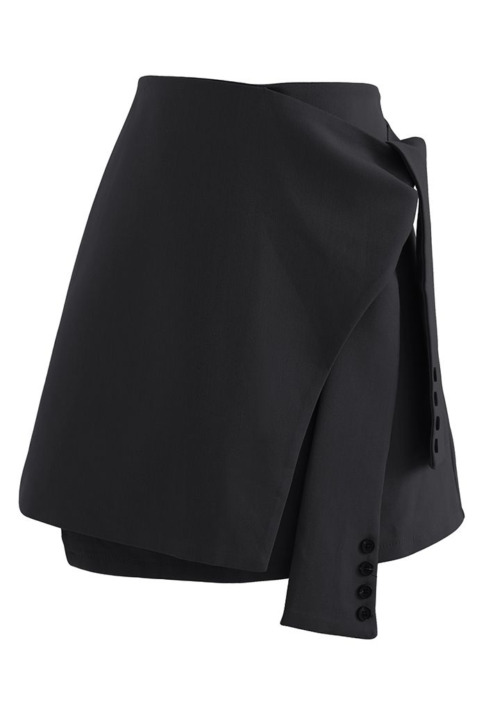 Tie Waist Flap Front Mini Skirt in Black