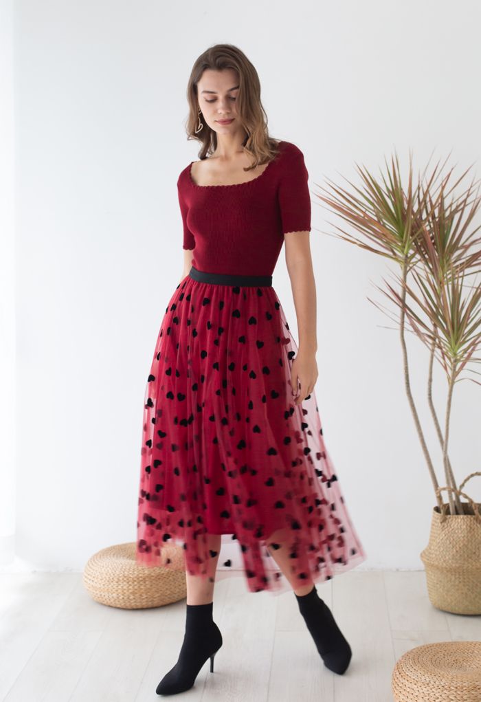 3D愛心雙層網紗半身長裙-紅色