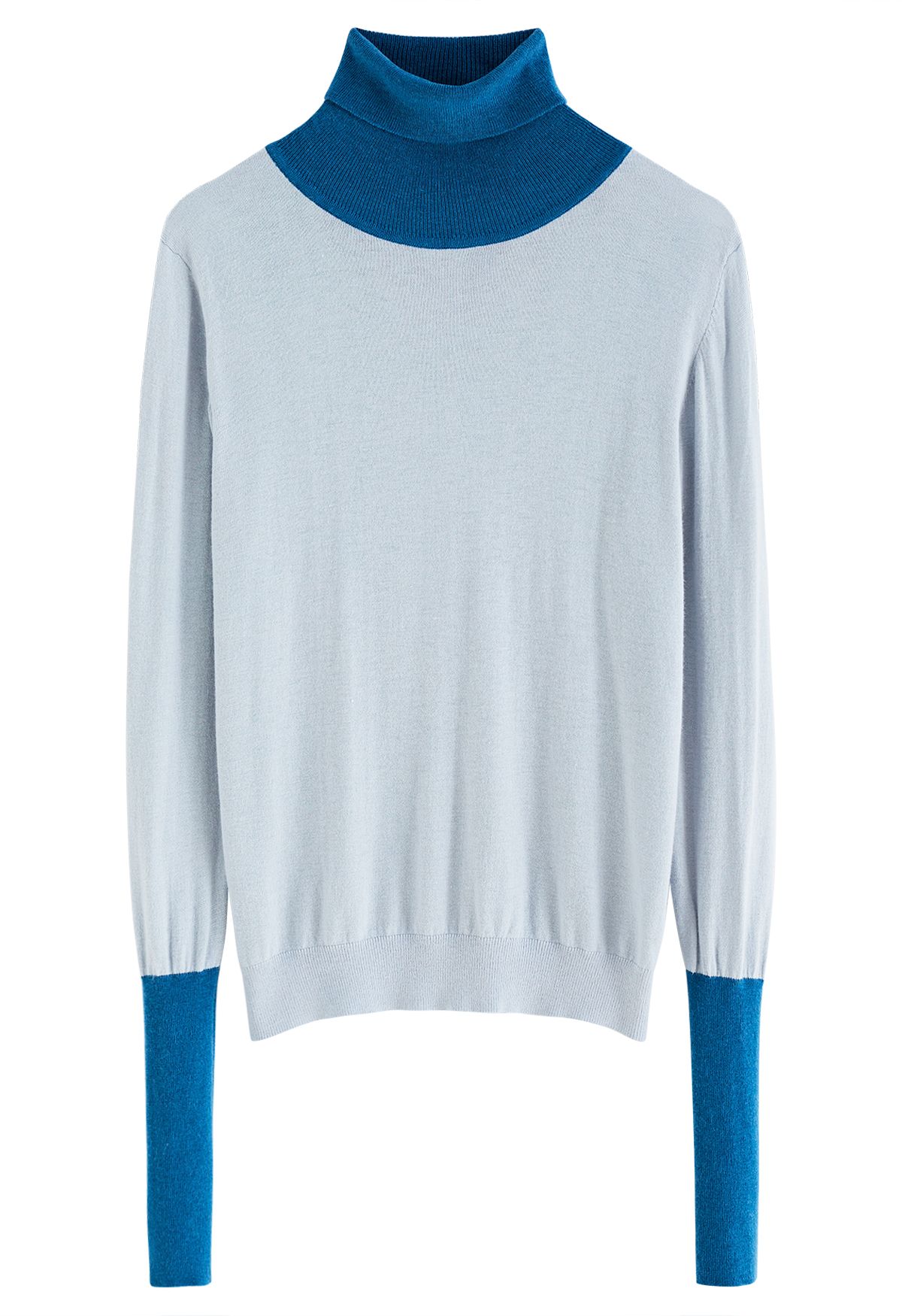 Color Blocked Turtleneck Knit Top in Baby Blue