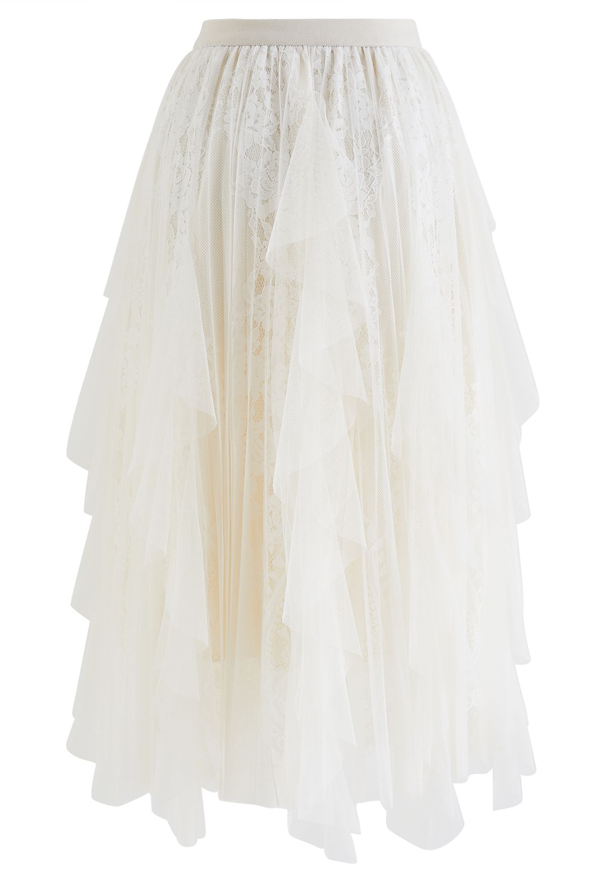 Floral Lace Ruffle Mesh Tulle Skirt in Ivory