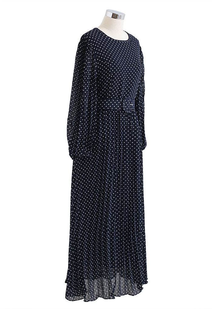 Polka Dots Belted Chiffon Maxi Dress in Navy