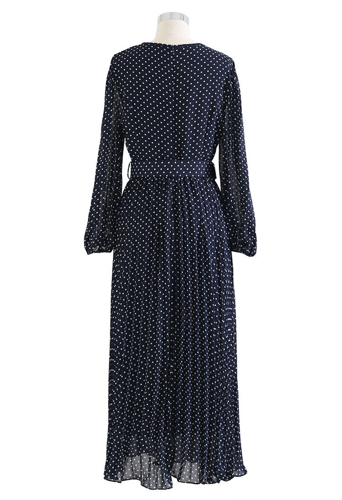 Polka Dots Belted Chiffon Maxi Dress in Navy