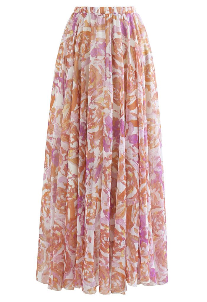 Rose Painting Chiffon Maxi Skirt