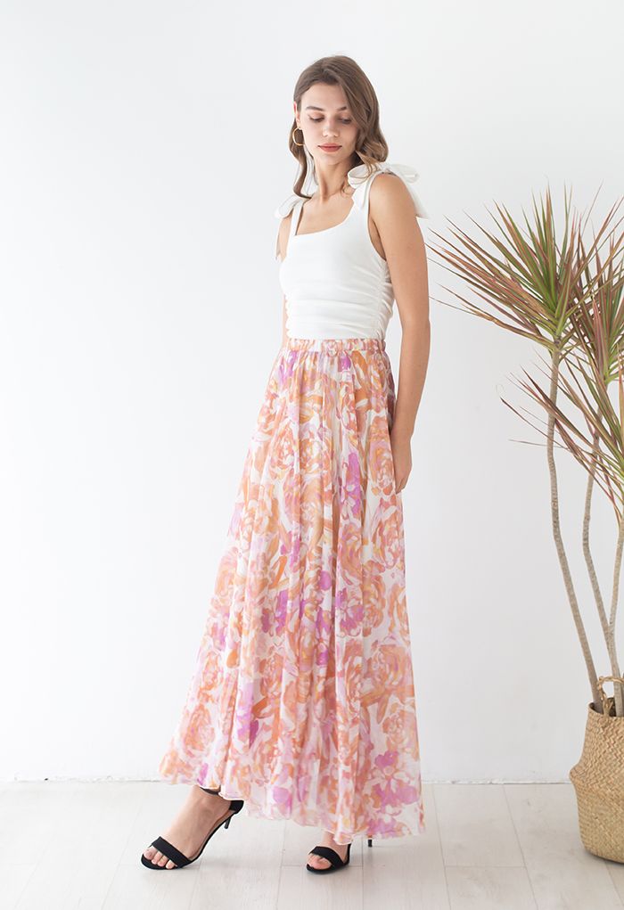 Rose Painting Chiffon Maxi Skirt