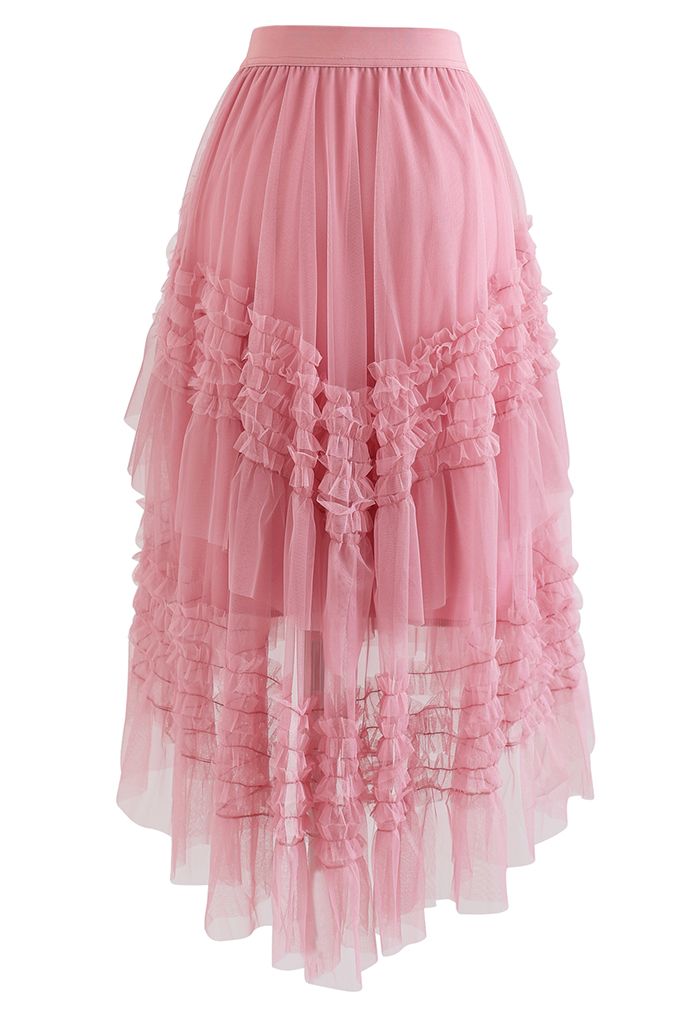 Ruffle Tiered Hi-Lo Mesh Tulle Skirt in Pink