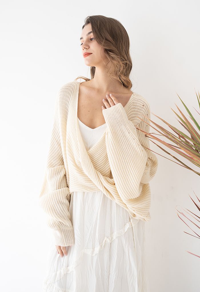 Twisted Front Batwing Sleeve Knit Sweater in Cream