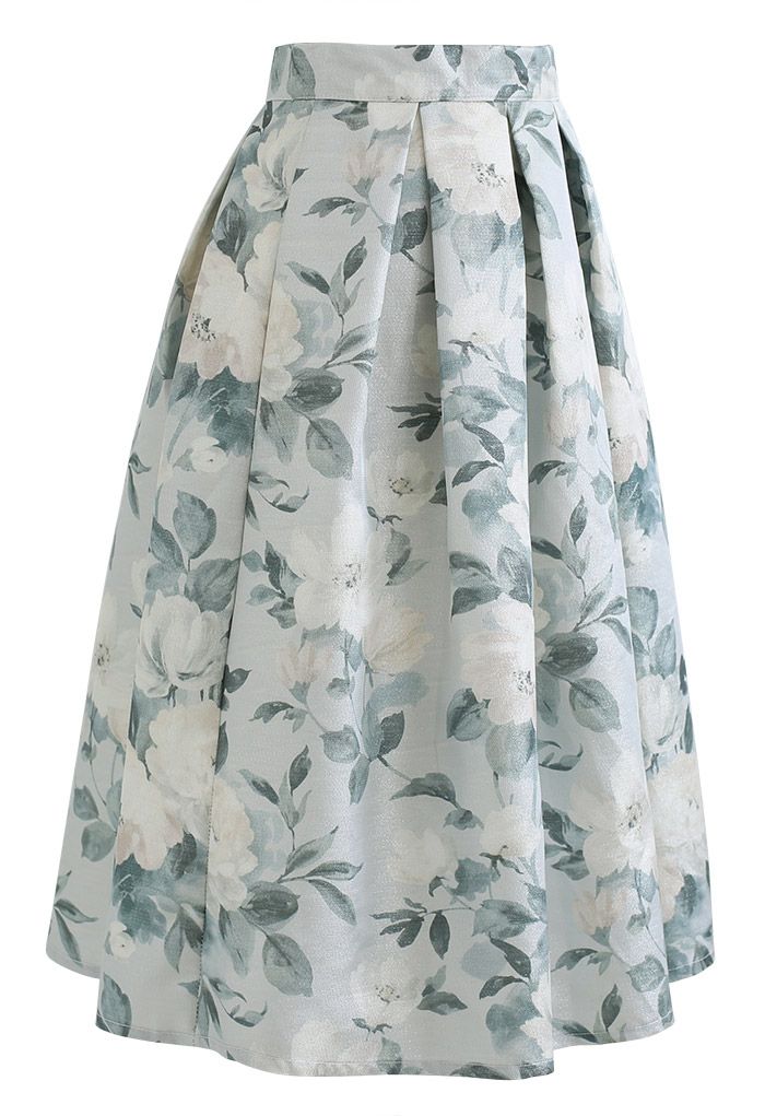 Shimmery Flower Jacquard Pleated Midi Skirt