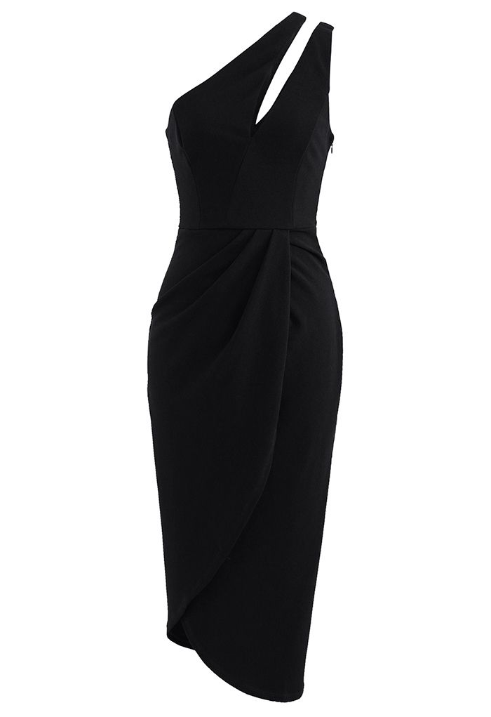 Cutout One-Shoulder Flap Bodycon Dress in Black