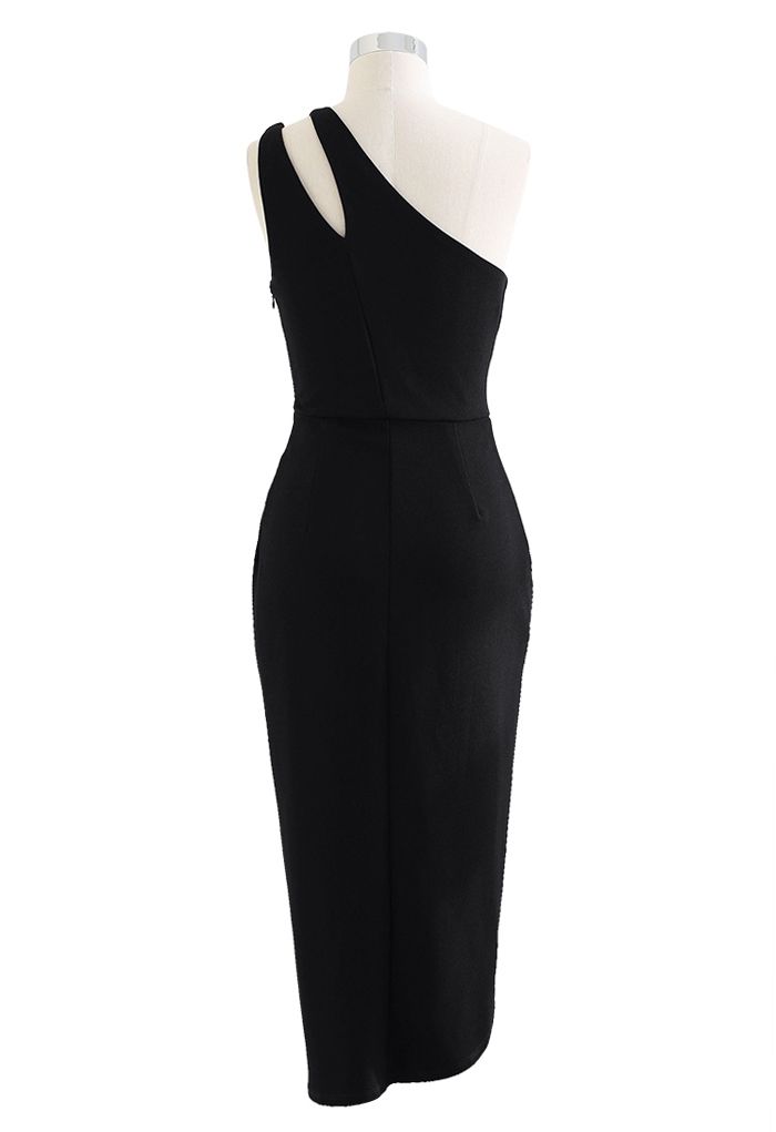 Cutout One-Shoulder Flap Bodycon Dress in Black