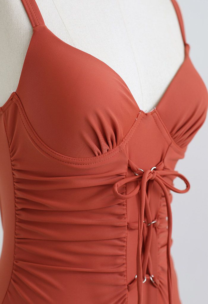 Ruched Lace-Up Front Open Back Swimsuit in Rust Red