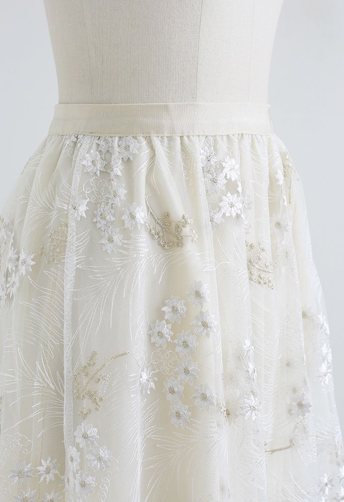 Divine Daisy Embroidered Mesh Tulle Skirt in Cream