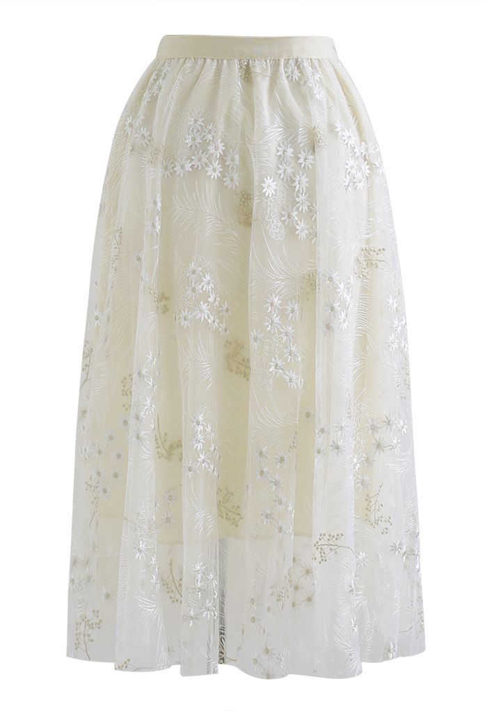 Divine Daisy Embroidered Mesh Tulle Skirt in Cream