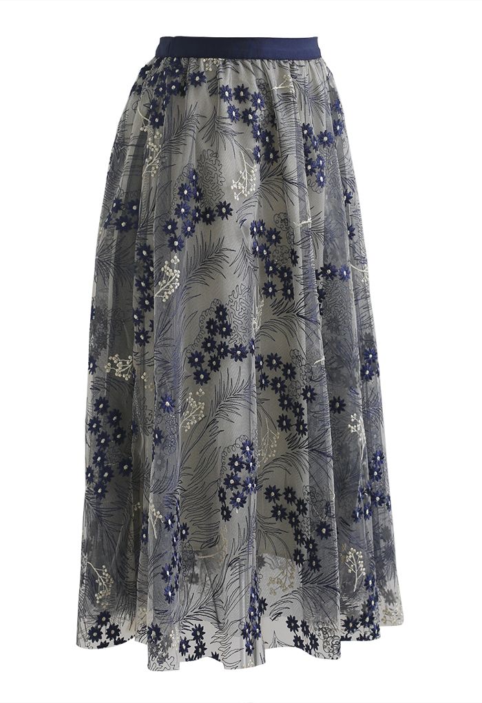 Divine Daisy Embroidered Mesh Tulle Skirt in Navy