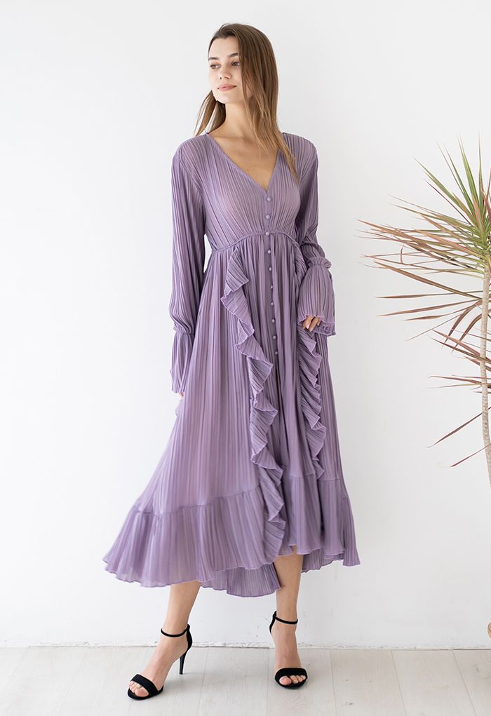 Breezy Ruffle Asymmetric Pleated Chiffon Maxi Dress in Lilac