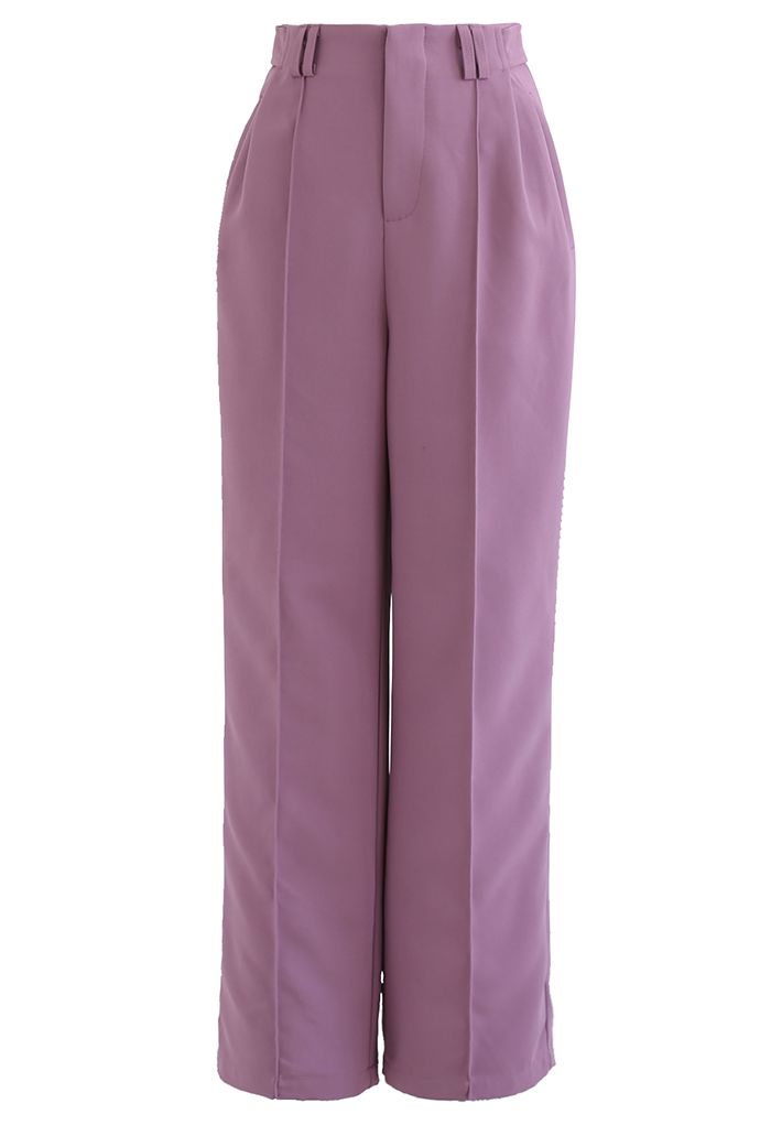 Simplicity Buttoned Waist Straight-Leg Pants in Purple