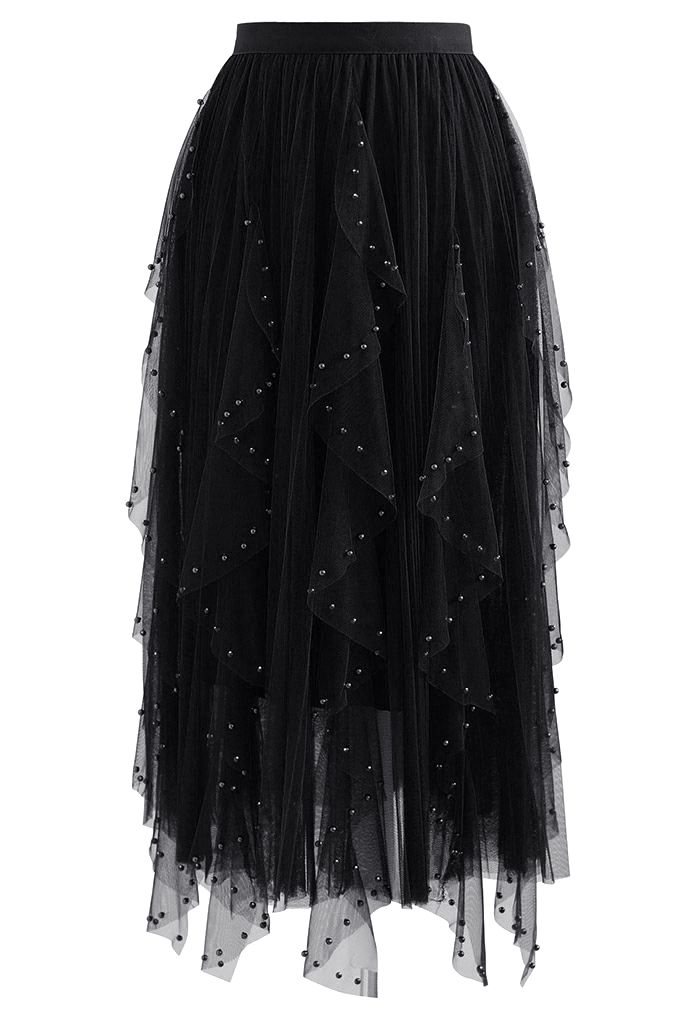 Scattered Bead Decor Pleated Tulle Skirt in Black