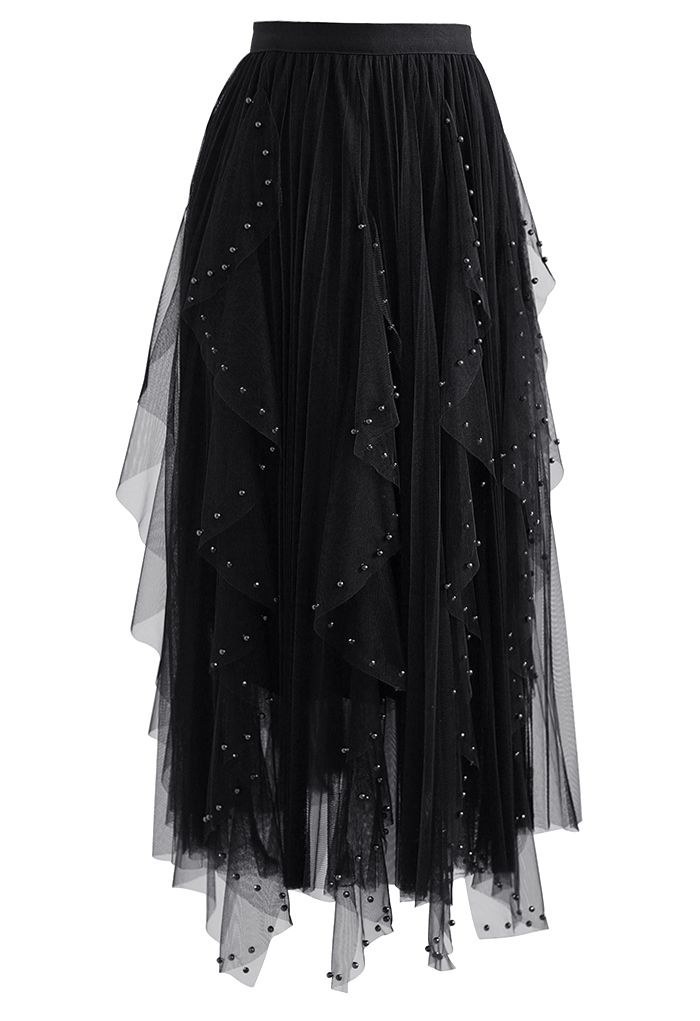 Scattered Bead Decor Pleated Tulle Skirt in Black