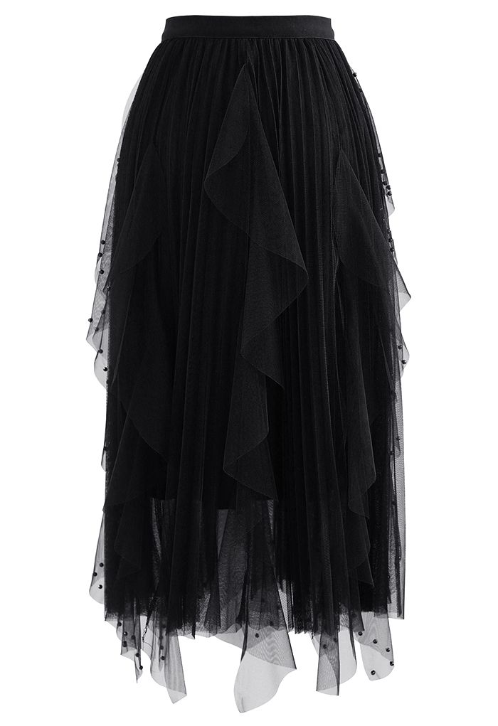 Scattered Bead Decor Pleated Tulle Skirt in Black