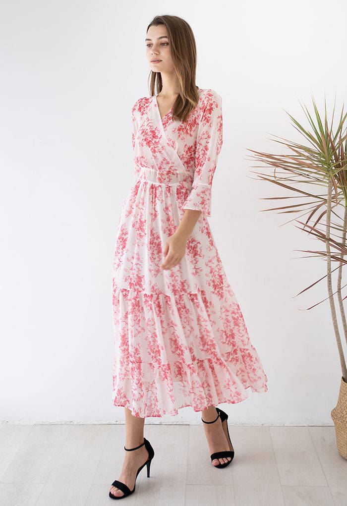 Flounced Cuffs Floral Print Chiffon Wrap Dress