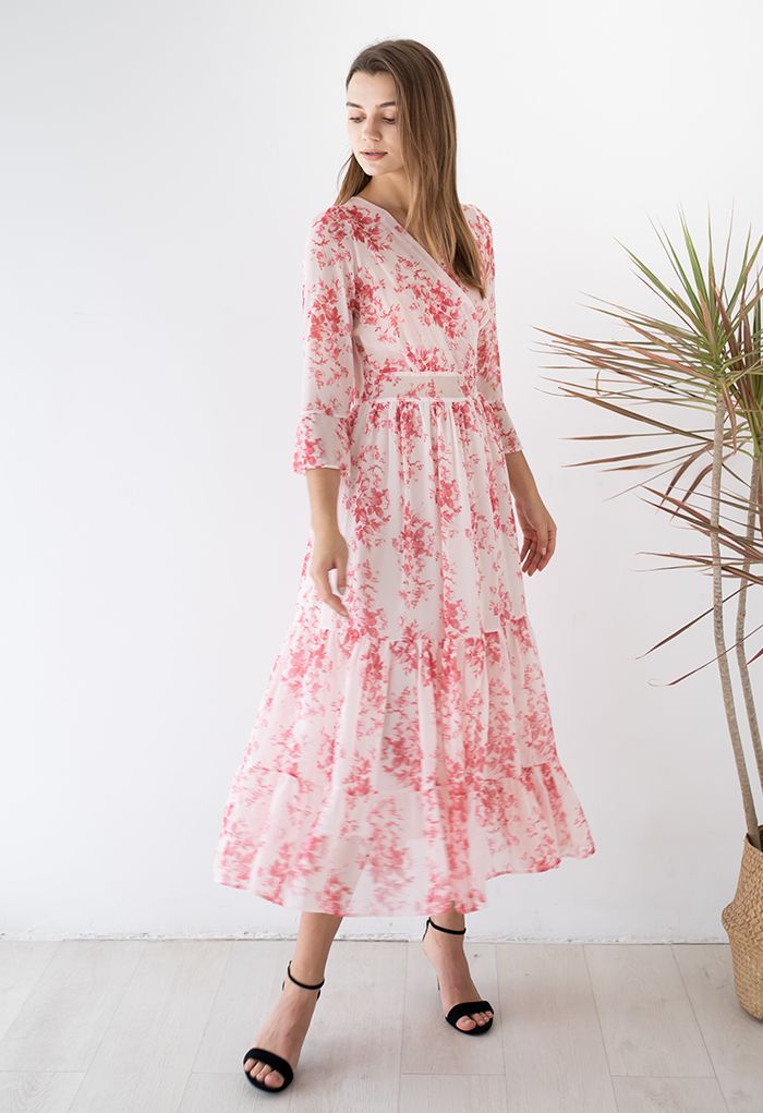 Flounced Cuffs Floral Print Chiffon Wrap Dress