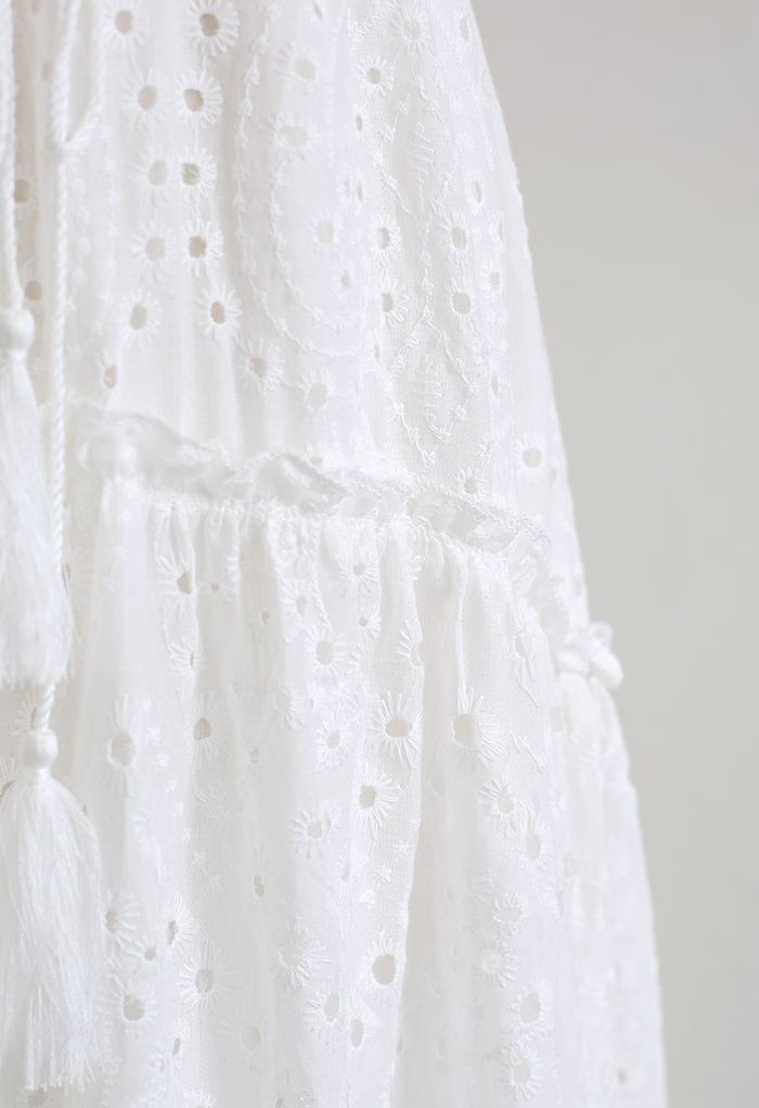 Frill Hem Broderie Cotton Midi Skirt in White