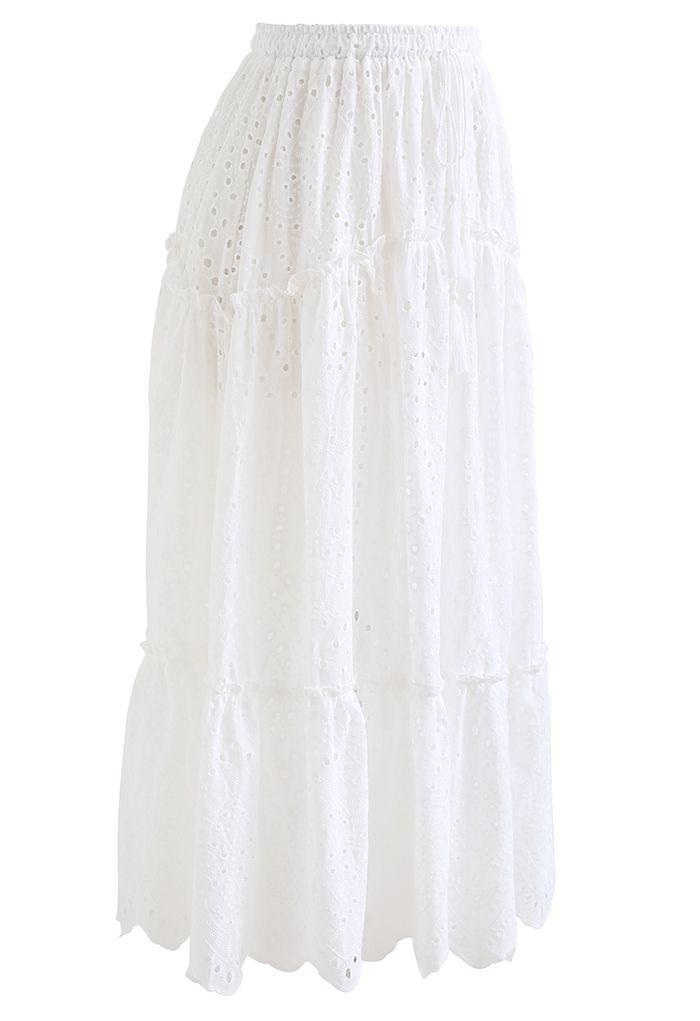 Frill Hem Broderie Cotton Midi Skirt in White