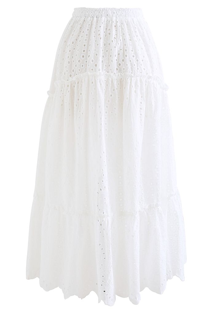 Frill Hem Broderie Cotton Midi Skirt in White