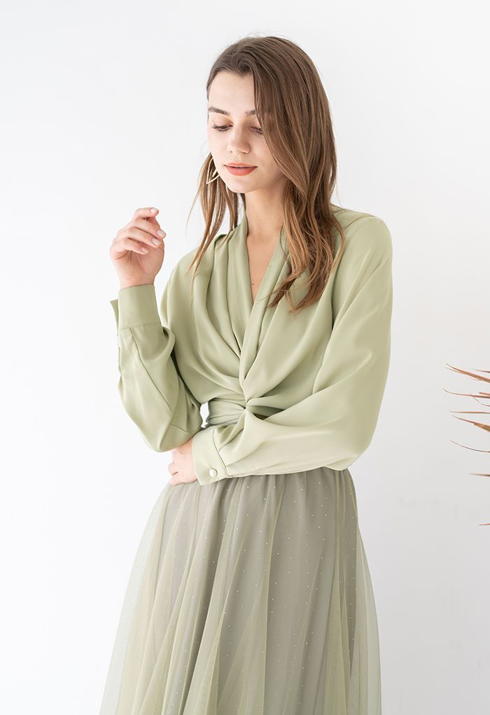 Crisscross Tie-Bow Satin Top in Pistachio