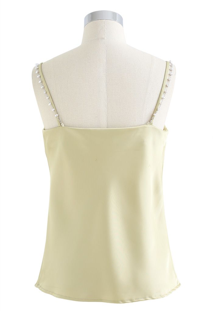 Pebble-Shape Pearl Strap Satin Cami Top in Mustard