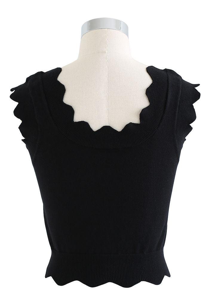 Scalloped Edge Knit Tank Top in Black